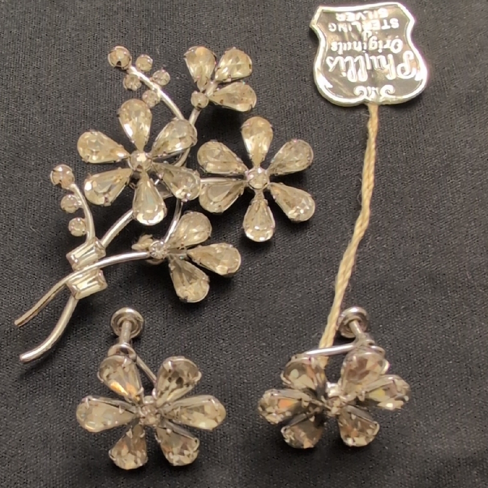 Vintage Phyllis Original Sterling Silver and Crystal Floral Jewelry Set